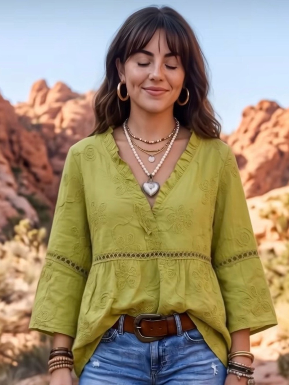 Embroidered V-Neck Peasant Blouse in Olive Green XL